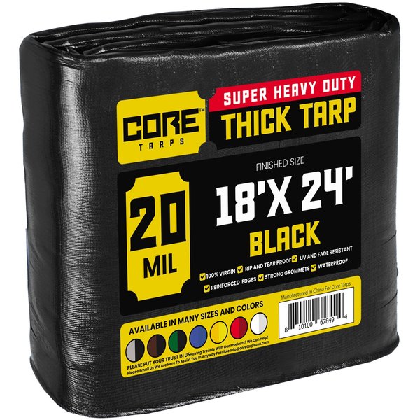 Core Tarps 18 ft x 24 ft Heavy Duty 20 Mil Tarp, Black, Polyethylene CT-706-18x24